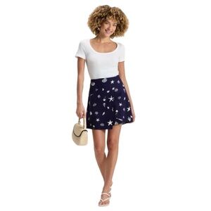 A NEW DAY 55% Linen Faux Wrap Skort Ocean Creature Print Navy Blue & White  8.
